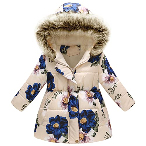 amropi Mantel Mädchen Geblümt Winterjacke mit Fellkapuze Warme Wintermantel Kinderjacke Beige Blume, 2-3 Jahre von amropi