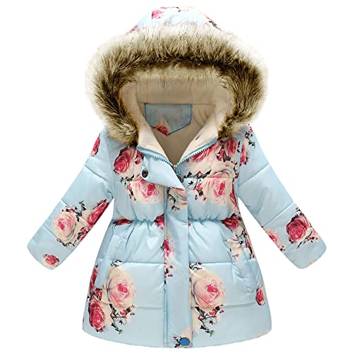 amropi Mantel Mädchen Geblümt Winterjacke mit Fellkapuze Warme Wintermantel Kinderjacke Blau Blume, 6-7Jahre von amropi