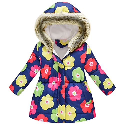 amropi Mantel Mädchen Geblümt Winterjacke mit Fellkapuze Warme Wintermantel Kinderjacke Bunte Blume, 4-5Jahre von amropi