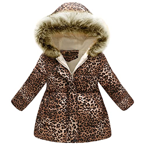 amropi Mantel Mädchen Geblümt Winterjacke mit Fellkapuze Warme Wintermantel Kinderjacke Leopard, 2-3 Jahre von amropi