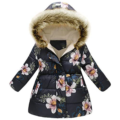 amropi Mantel Mädchen Geblümt Winterjacke mit Fellkapuze Warme Wintermantel Kinderjacke Marine Blume, 2-3 Jahre von amropi