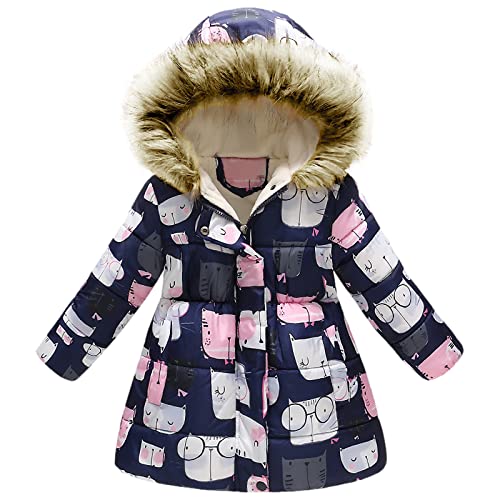 amropi Mantel Mädchen Geblümt Winterjacke mit Fellkapuze Warme Wintermantel Kinderjacke Marine Katze, 2-3 Jahre von amropi