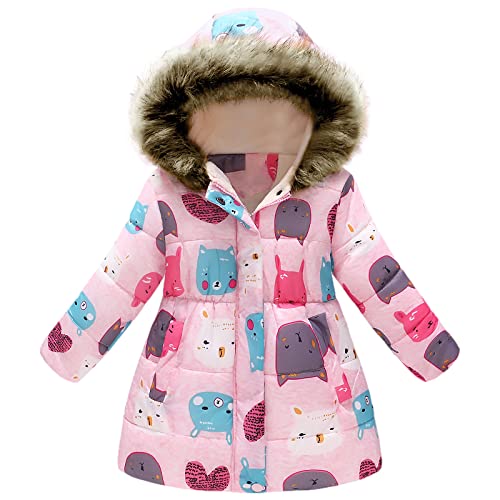 amropi Mantel Mädchen Geblümt Winterjacke mit Fellkapuze Warme Wintermantel Kinderjacke Rosa Karikatur, 2-3 Jahre von amropi