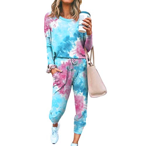 amropi Schlafanzug Damen Gebatikt Pyjama Set Nachtwäsche Hausanzug Zweiteiliger Blau,L von amropi