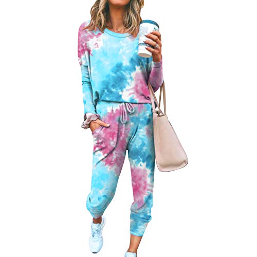 amropi Schlafanzug Damen Gebatikt Pyjama Set Nachtwäsche Hausanzug Zweiteiliger Blau,M von amropi