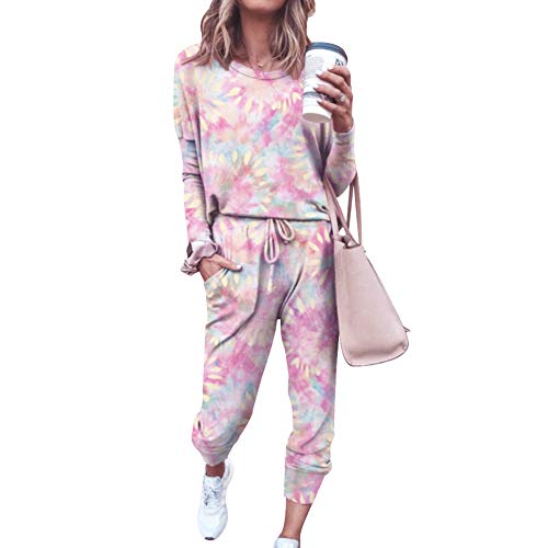 amropi Schlafanzug Damen Gebatikt Pyjama Set Nachtwäsche Hausanzug Zweiteiliger Rosa,M von amropi
