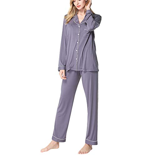 amropi Schlafanzug Damen Langärmlig Pyjama Sets 2 stücke Nachtwäsche (Grau,XXL) von amropi
