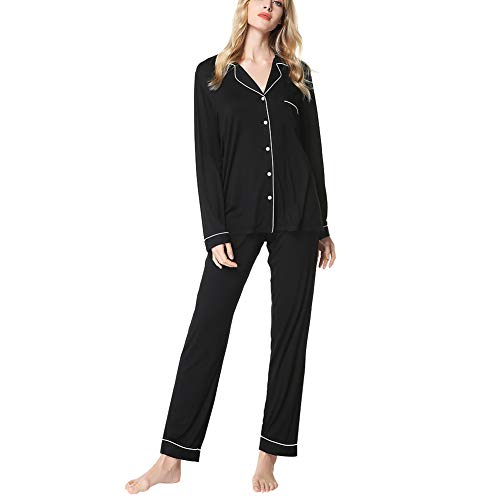 amropi Schlafanzug Damen Langärmlig Pyjama Sets 2 stücke Nachtwäsche (Schwarz,M) von amropi
