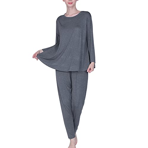 amropi Schlafanzug Damen Pyjama Set Baumwolle Nachtwäsche Langarm Hausanzug Rundhals Übergröße Grau,5XL von amropi