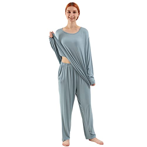 amropi Schlafanzug Damen Pyjama Set Nachtwäsche Langarm Hausanzug Rundhals Übergröße Blau,3XL von amropi