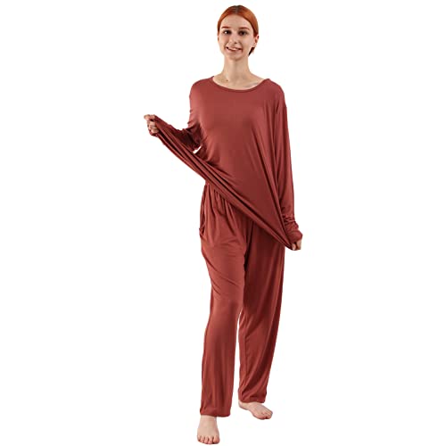 amropi Schlafanzug Damen Pyjama Set Nachtwäsche Langarm Hausanzug Rundhals Übergröße Burgund,5XL von amropi