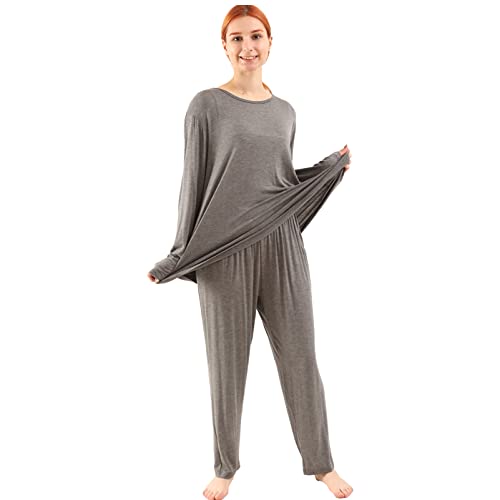 amropi Schlafanzug Damen Pyjama Set Nachtwäsche Langarm Hausanzug Rundhals Übergröße Grau Dunkel,5XL von amropi