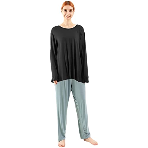 amropi Schlafanzug Damen Pyjama Set Nachtwäsche Langarm Hausanzug Rundhals Übergröße Schwarz Blau,7XL von amropi
