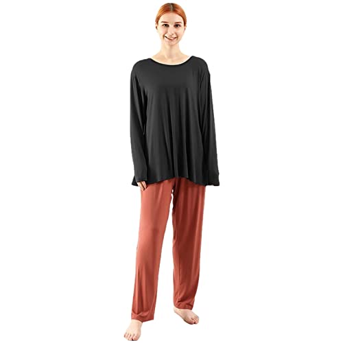 amropi Schlafanzug Damen Pyjama Set Nachtwäsche Langarm Hausanzug Rundhals Übergröße Schwarz Burgund,4XL von amropi
