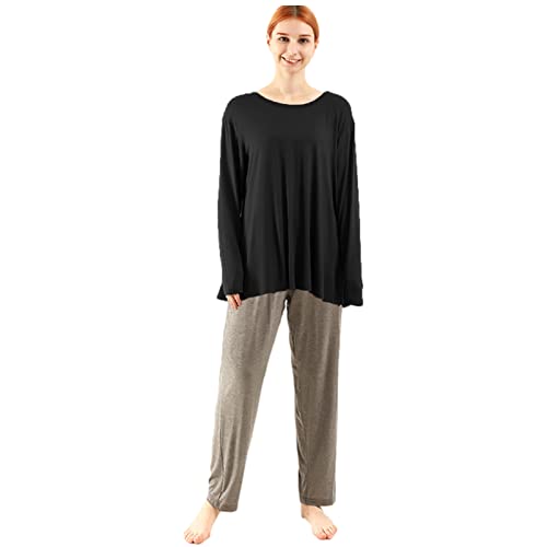 amropi Schlafanzug Damen Pyjama Set Nachtwäsche Langarm Hausanzug Rundhals Übergröße Schwarz Grau,7XL von amropi
