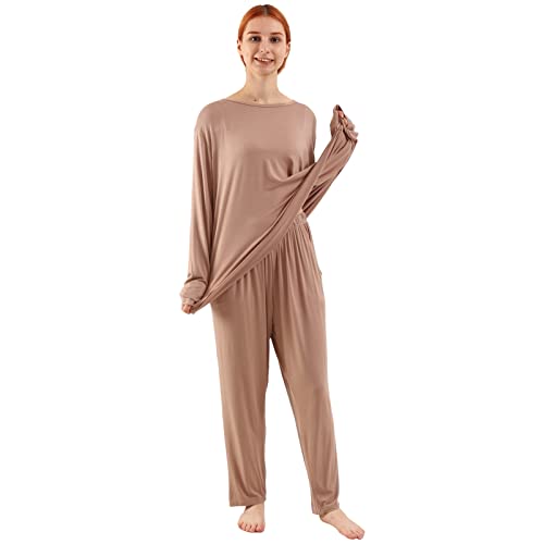 amropi Schlafanzug Damen Pyjama Set Nachtwäsche Langarm Hausanzug Rundhals Übergröße Weizen,5XL von amropi