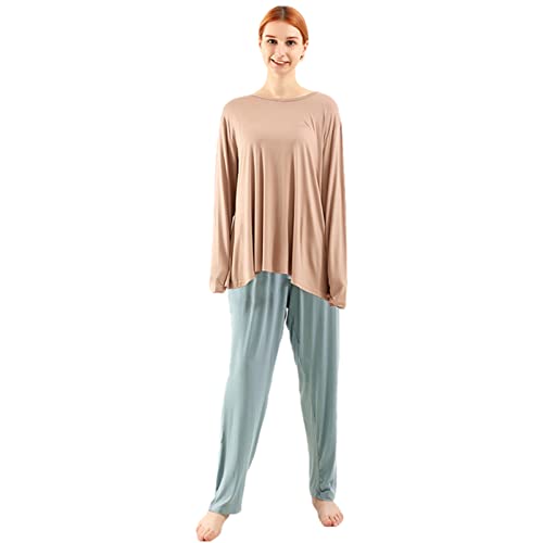 amropi Schlafanzug Damen Pyjama Set Nachtwäsche Langarm Hausanzug Rundhals Übergröße Weizen Blau,3XL von amropi