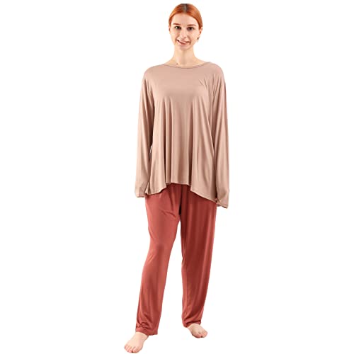 amropi Schlafanzug Damen Pyjama Set Nachtwäsche Langarm Hausanzug Rundhals Übergröße Weizen Burgund,4XL von amropi