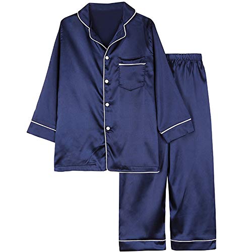 amropi Schlafanzug Passende Familien Satin Nachtwäsche 2 Stück Set für Kinder und Erwachsene Blau,8-9 Jahre von amropi