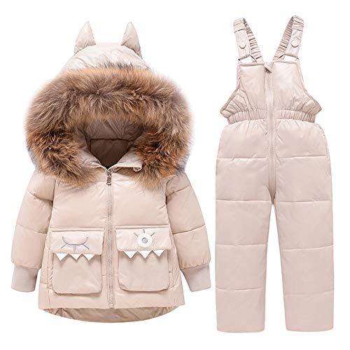 amropi Skianzug Mädchen Kinder Schneeanzug Daunenjacke mit Kaputze + Skihose 2tlg Bekleidungsset Winteranzug Beige,1-2 Jahre von amropi