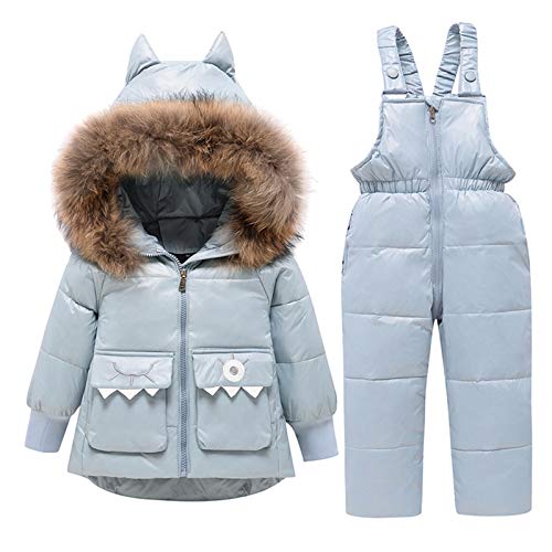 amropi Skianzug Mädchen Kinder Schneeanzug Daunenjacke mit Kaputze + Skihose 2tlg Bekleidungsset Winteranzug Hellblau,2-3 Jahre von amropi