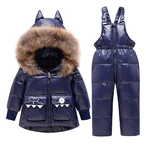 amropi Skianzug Mädchen Kinder Schneeanzug Daunenjacke mit Kaputze + Skihose 2tlg Bekleidungsset Winteranzug Marine,1-2 Jahre von amropi