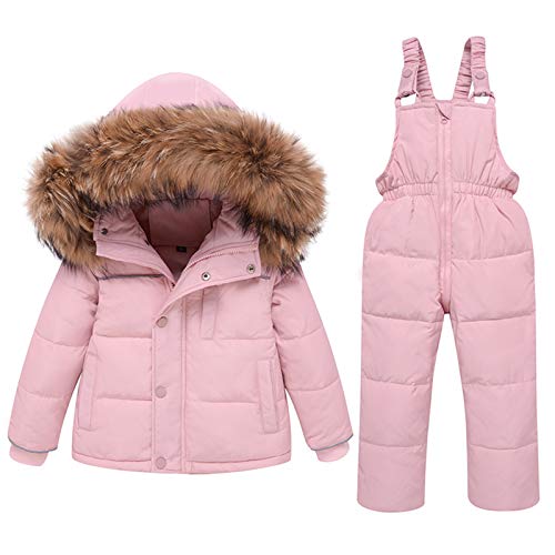 amropi Skianzug Mädchen Kinder Schneeanzug Daunenjacke mit Kaputze + Skihose 2tlg Bekleidungsset Winteranzug Rosa,2-3 Jahre von amropi