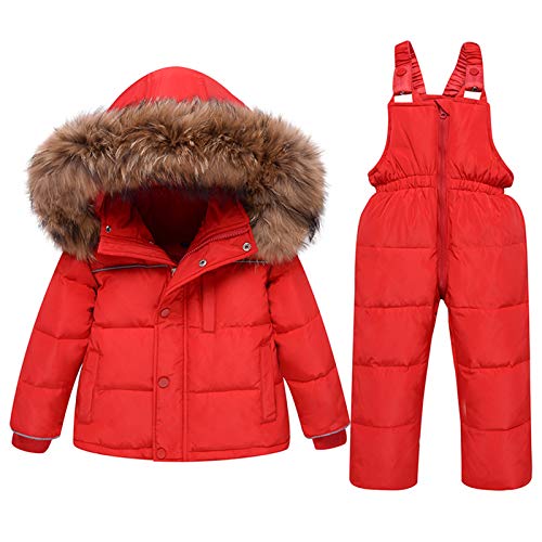 amropi Skianzug Mädchen Kinder Schneeanzug Daunenjacke mit Kaputze + Skihose 2tlg Bekleidungsset Winteranzug Rot,1-2 Jahre von amropi