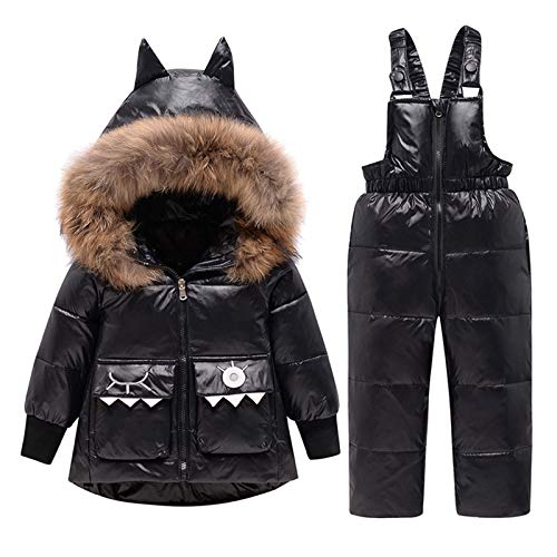 amropi Skianzug Mädchen Kinder Schneeanzug Daunenjacke mit Kaputze + Skihose 2tlg Bekleidungsset Winteranzug Schwarz,1-2 Jahre von amropi