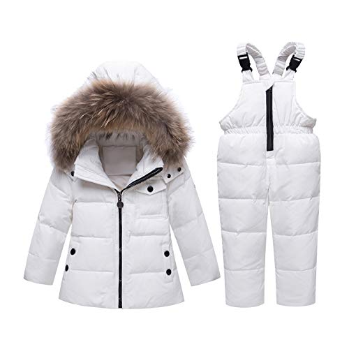 amropi Skianzug Mädchen Kinder Schneeanzug Daunenjacke mit Kaputze + Skihose 2tlg Bekleidungsset Winteranzug Weiß,1-2 Jahre von amropi