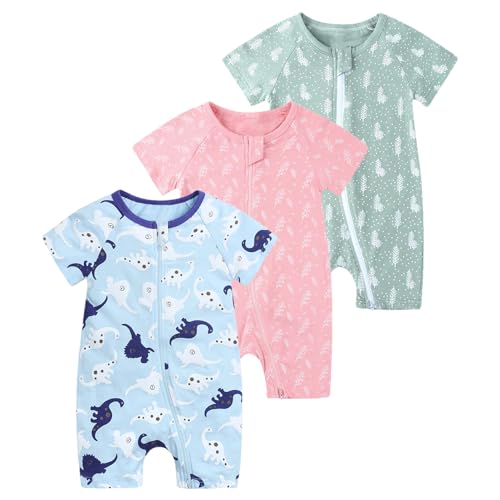 amropi Strampler Baby Jungen 3er-Pack Dinosaurier Druck Kurzarm Schlafstrampler Sommer Schlafanzug 2-3 Jahre, Stil02 von amropi