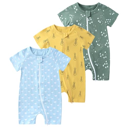 amropi Strampler Baby Jungen 3er-Pack Dinosaurier Druck Kurzarm Bodys Sommer Spielanzug 3-6 Monate, Stil01 von amropi