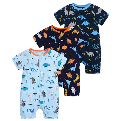 amropi Strampler Baby Jungen 3er-Pack Dinosaurier Druck Kurzarm Bodys Sommer Spielanzug 3-6 Monate, Stil03 von amropi