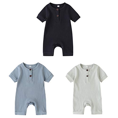 amropi Strampler Baby Mädchen 3er-Pack Kurzarm Schlafstrampler Baumwolle Schlafanzug 0-3 Monate,Blau/Weiß/Schwarz von amropi