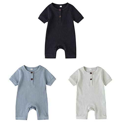 amropi Strampler Baby Mädchen 3er-Pack Kurzarm Overall Baumwolle Jumpsuits 0-3 Monate,Blau/Weiß/Schwarz von amropi