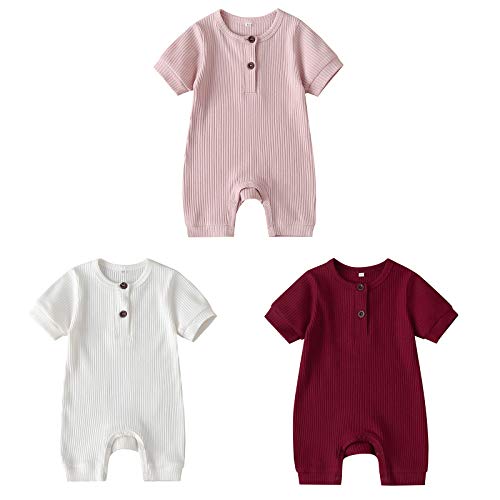 amropi Strampler Baby Mädchen 3er-Pack Kurzarm Schlafstrampler Baumwolle Schlafanzug 12-18 Monate,Rosa/Weiß/Burgund von amropi