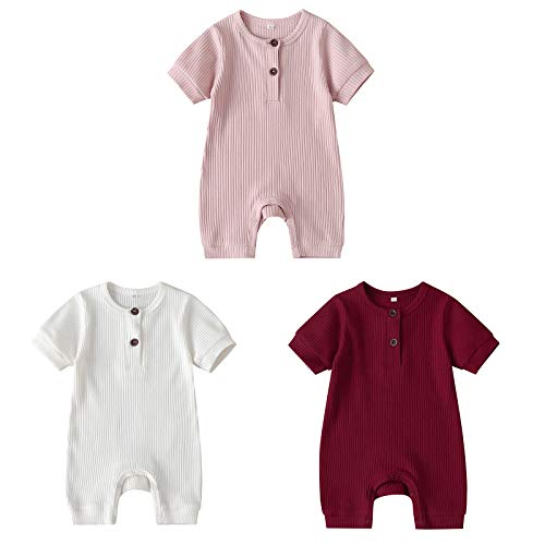 amropi Strampler Baby Mädchen 3er-Pack Kurzarm Overall Baumwolle Jumpsuits 12-18 Monate,Rosa/Weiß/Burgund von amropi