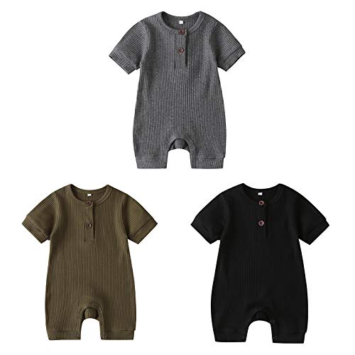 amropi Strampler Baby Mädchen 3er-Pack Kurzarm Overall Baumwolle Jumpsuits 6-9 Monate,Grau/Grün/Schwarz von amropi