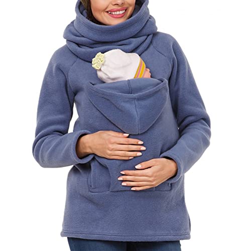 amropi Tragejacke für Mama und Baby 3 in 1 Damen Langarm Kapuze Känguru Umstandsjacke Warm Tragepullover mit Babyeinsatz Blau,L von amropi