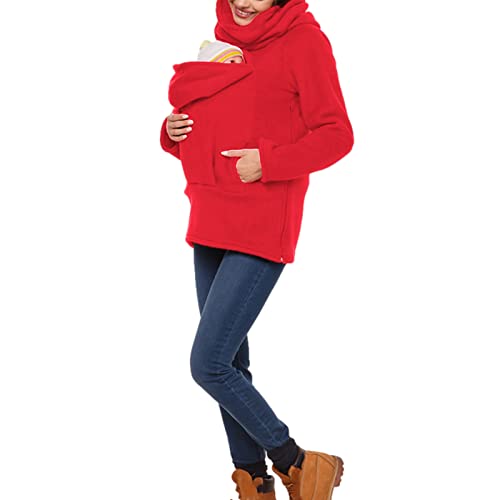 amropi Tragejacke für Mama und Baby 3 in 1 Damen Langarm Kapuze Känguru Umstandsjacke Warm Tragepullover mit Babyeinsatz Rot,L von amropi