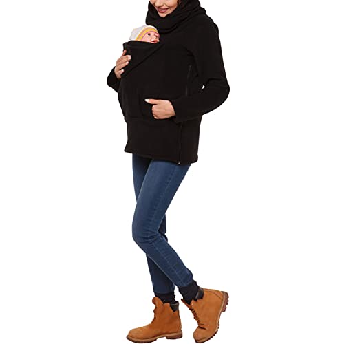 amropi Tragejacke für Mama und Baby 3 in 1 Damen Langarm Kapuze Känguru Umstandsjacke Warm Tragepullover mit Babyeinsatz Schwarz,L von amropi