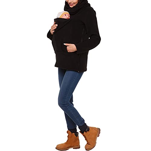 amropi Tragejacke für Mama und Baby 3 in 1 Damen Langarm Kapuze Känguru Umstandsjacke Warm Tragepullover mit Babyeinsatz Schwarz,XL von amropi