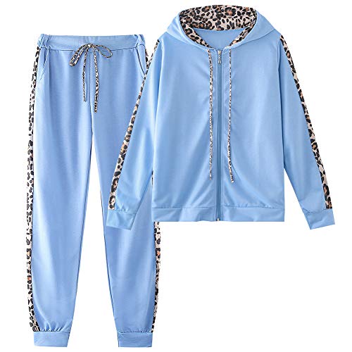 amropi Traingsanzug Damen Jogginganzug Leopard Kapuzenpullover Lange Ärmel Top + Hose Sportanzug 2 Stück (Blau,4XL) von amropi