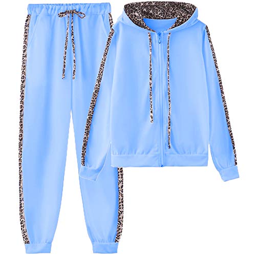 amropi Traingsanzug Damen Jogginganzug Leopard Kapuzenpullover Lange Ärmel Top + Hose Sportanzug 2 Stück (Blau,L) von amropi