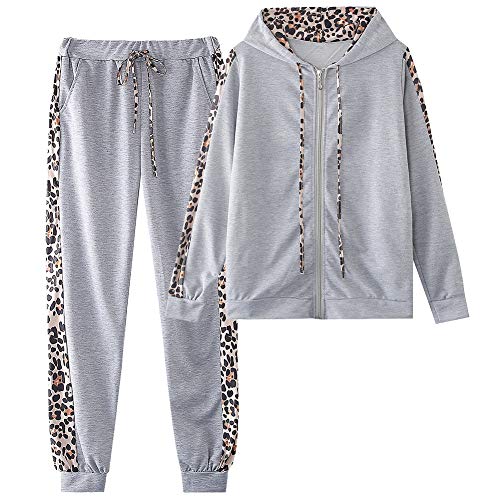 amropi Traingsanzug Damen Jogginganzug Leopard Kapuzenpullover Lange Ärmel Top + Hose Sportanzug 2 Stück (Grau,5XL) von amropi