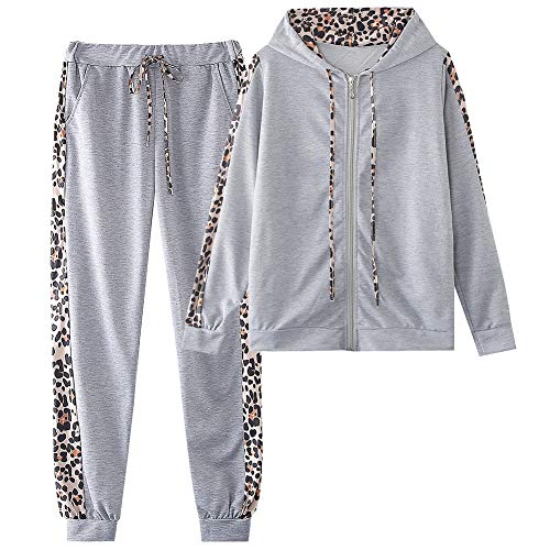 amropi Traingsanzug Damen Jogginganzug Leopard Kapuzenpullover Lange Ärmel Top + Hose Sportanzug 2 Stück (Grau,XXXL) von amropi