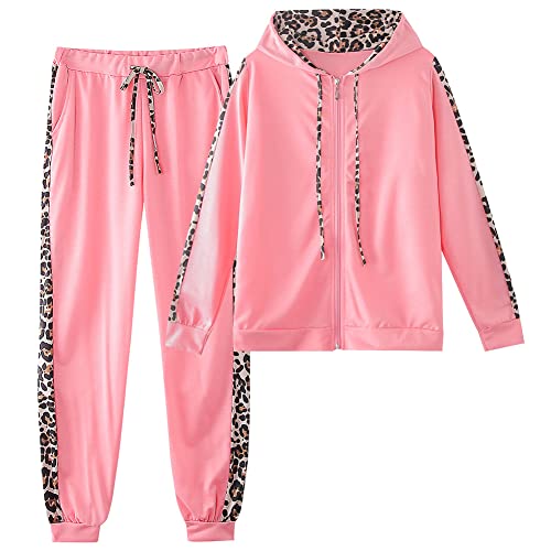 amropi Traingsanzug Damen Jogginganzug Leopard Kapuzenpullover Lange Ärmel Top + Hose Sportanzug 2 Stück (Rosa,5XL) von amropi