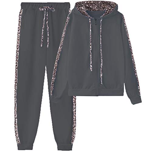 amropi Traingsanzug Damen Jogginganzug Leopard Kapuzenpullover Lange Ärmel Top + Hose Sportanzug 2 Stück (Schwarz,4XL) von amropi