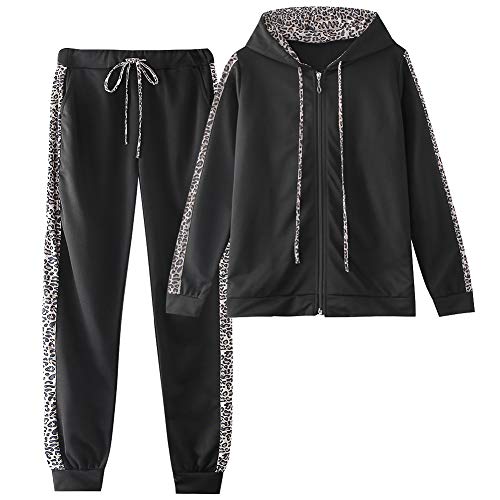 amropi Traingsanzug Damen Jogginganzug Leopard Kapuzenpullover Lange Ärmel Top + Hose Sportanzug 2 Stück (Schwarz,M) von amropi