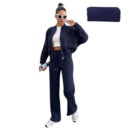 amropi Trainingsanzug Damen Fell gefüttert Jacke mit Reißverschluss und Jogginghose 2 Stück Kleidungsset Dunkelblau, XXL von amropi